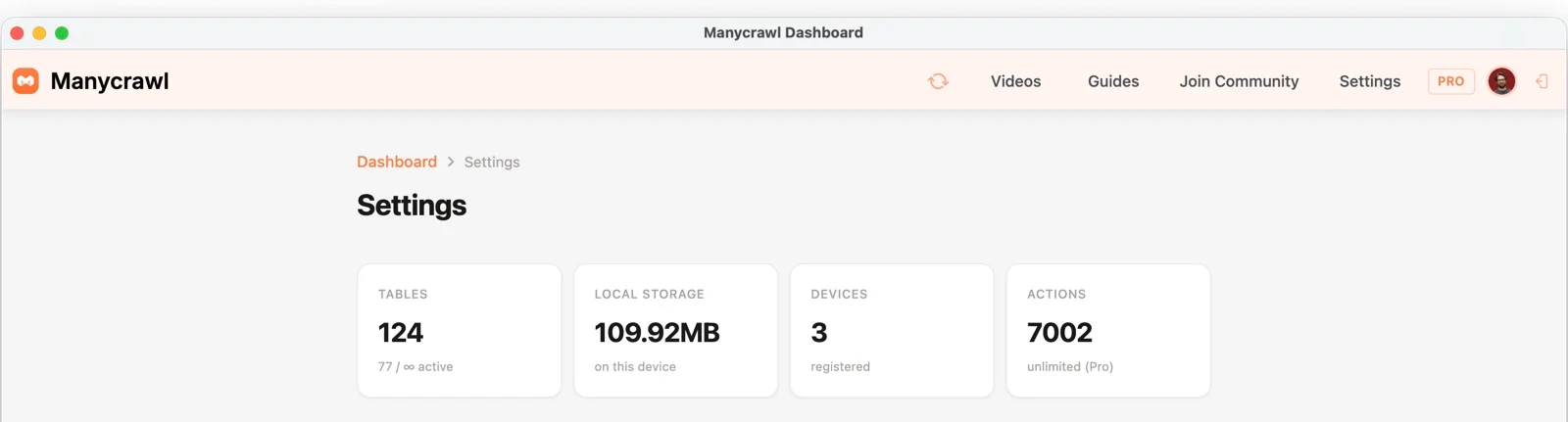 The Settings usage panel showing tables, storage, devices, and actions