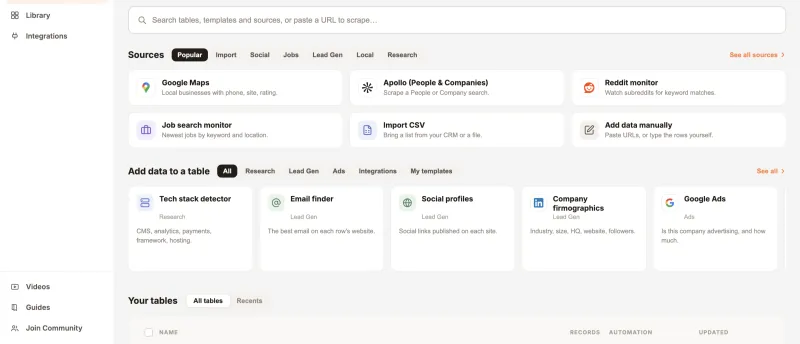 The Manycrawl home screen with sources such as Google Maps, Apollo, Reddit and job search, plus templates