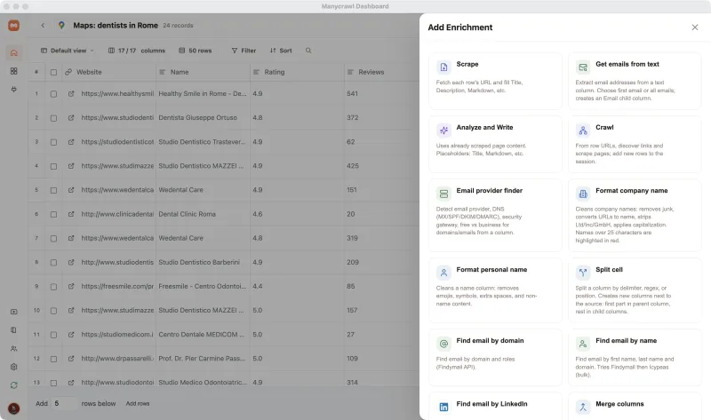 The Add Enrichment panel listing Scrape, Analyze and Write, Crawl, email finders and more